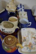 Four various cheese dishes and a quantity of assorted tankards and teapot