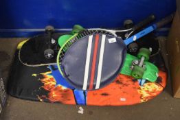 Mixed Lot: Body board, tennis rackets, skateboards