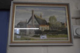 Reproduction print of a cottage, framed and glazed