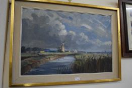 View of a windmill on The Broads by J Fairhurst, oil on board, framed