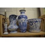 Mixed Lot: Modern blue and white vase, jardiniere, jug and candlestick