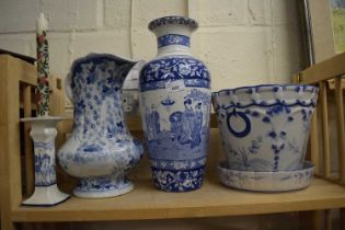 Mixed Lot: Modern blue and white vase, jardiniere, jug and candlestick