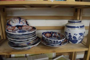 Mixed Lot: Various Japanese Imari plates and dishes together with a Royal Doulton Real Old Willow
