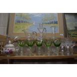 Collection of various glass decanters, wine glasses and other items