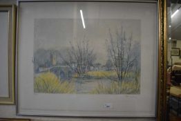 Landscape of river with town beyond by Jenny King, limited edition, 24 out of 200, framed and