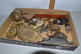 Box of various brass furniture handles, padlock, spirit level etc