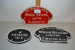 Railway Interest: Three small cast iron plaques, two marked Wagon Repairs Ltd, Chesterfield and