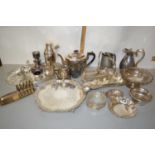 Large Mixed Lot: Various assorted silver plated table wares, silver plated cocktail shaker, tea