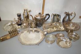 Large Mixed Lot: Various assorted silver plated table wares, silver plated cocktail shaker, tea