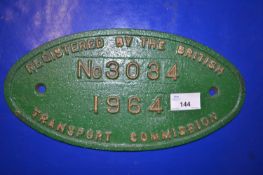 Cast iron railway plaque marked Registered by The British Transport Commission 1964, 30cm wide