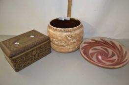 Mixed Lot: Bretby planter, further pottery bowl and a vintage tin containing a range of match boxes