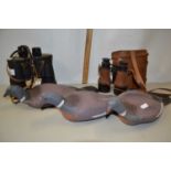 Two pairs of vintage binoculars together with three rubber decoy pigeons