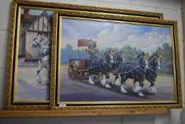 L V Norwood - study of a six horse dray cart passing The Coach Public House together with a