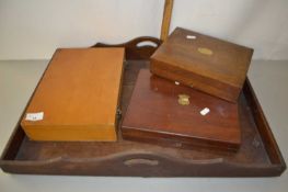 Hardwood serving tray and three various wooden cases