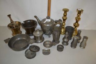 Mixed Lot: Various pewter wares, pestle and mortars, pair of brass candlesticks etc