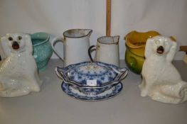 Mixed Lot: Two jardinieres, pair of Staffordshire dogs, enamel jugs etc