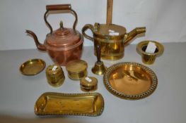 Mixed Lot: Copper and brass wares to include a kettle, hot water jug, various pots etc
