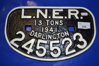 Cast iron railway plaque marked LNER Darlington, 28cm wide