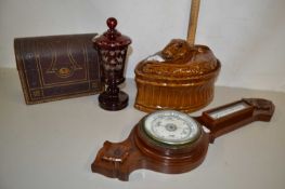 Mixed Lot: Hardwood framed barometer, a game pie dish, Bohemian cut glass vase and a dome topped