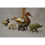 Mixed Lot: Polished stone elephants, brass mounted wooden duck etc