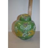 Chinese lustre finish ginger jar decorated with a scene of a crane amongst lotus flowers