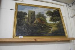 20th Century school study of a country church, oil on canvas, gilt framed