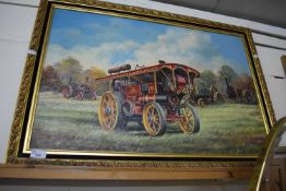 L V Norwood - study of traction engines, oil on canvas, framed