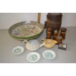 Mixed Lot: Various cruet items, small wooden barrel, assorted ceramics etc