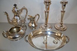 Mixed Lot: Silver plated three piece tea set, a pair of candlesticks and a serving dish (6)