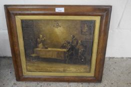 Interior scene with figures, possible oleograph, framed