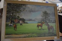 L V Norwood, study of pasture scene with horses, oil on canvas