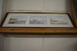 Ron Brooks - a montage three Norfolk coastal scenes, watercolours, framed and glazed