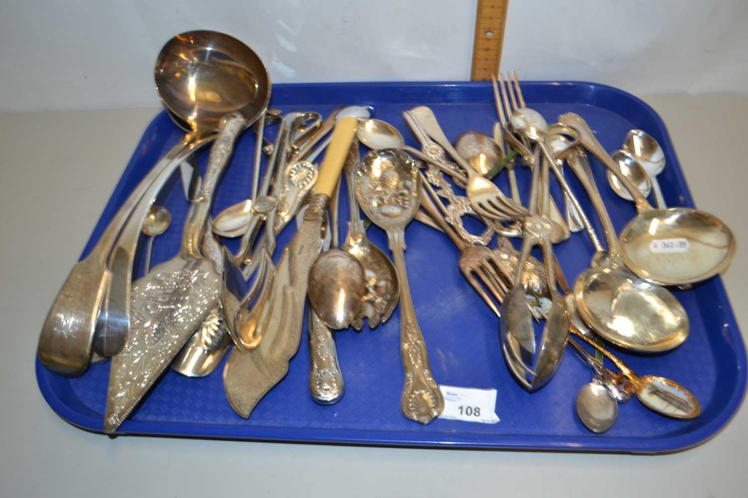 Tray of various assorted silver plated cutlery and other items