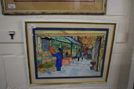 Susan George, study of a street scene, framed and glazed