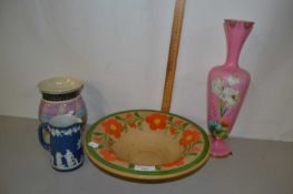 Continental pink glass vase, small Wedgwood Jasper ware jug, floral bowl and a further vase (4)