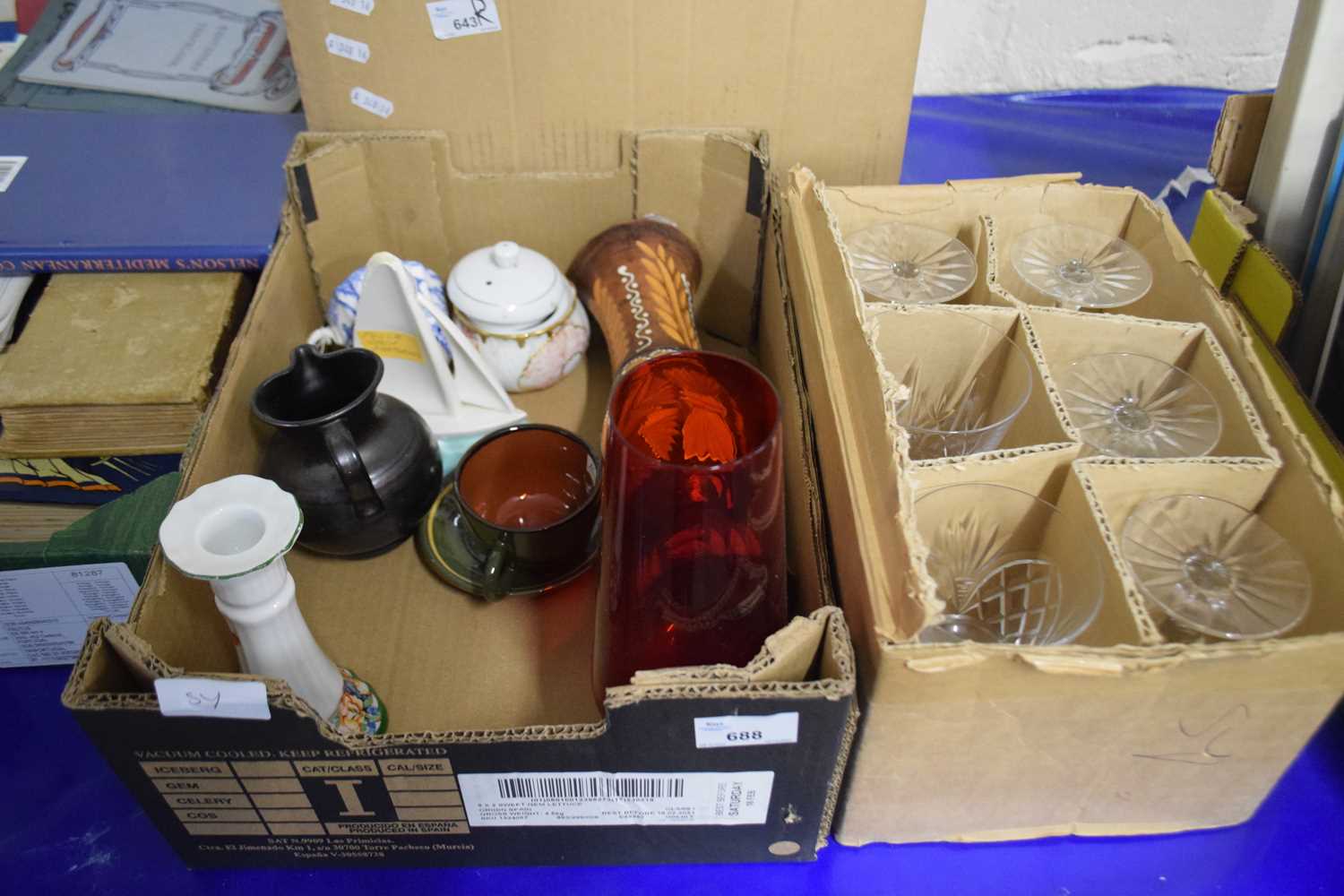 Box containing quantity of various assorted ceramics together with a box of wine glasses