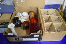 Box containing quantity of various assorted ceramics together with a box of wine glasses