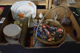 Box containing various clearance sundries including basket of costume jewellery, vintage brass shell