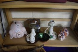 Selection of various ornamental ceramics and a tea caddy etc