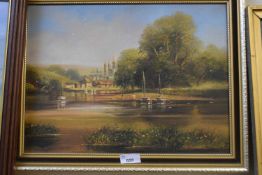 20th Century school study of an estuary scene with distant Cathedral, oil on canvas, framed