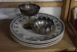 Quantity of 19th Century earthenware dinner plates together with two pieces of silver plate