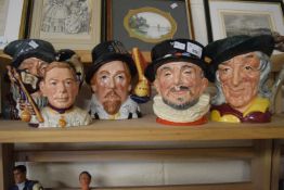 Collection of five various Doulton character jugs including Pied Piper, Beefeater, King James I