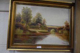Contemporary school study of a riverside scene, oil on canvas, indistinctly signed