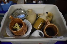 Box containing various earthenware and ceramics including salt glaze bottle for Lawrance & Sons,