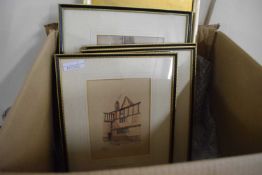 Box containing a quantity of framed studies of Norwich scenes including Pulls Ferry etc
