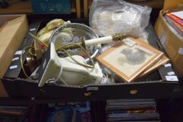 Box containing a large quantity of assorted house clearance items including cheese dish, lamp