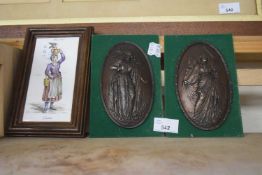 Two pressed decorative plaques and a framed ceramic tile
