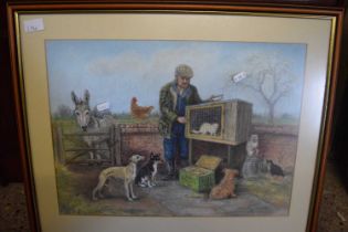 Sylvia Sayer, study of a gentleman attending his ferret, pastel, framed and glazed