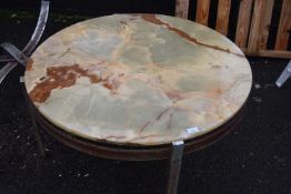 Vintage onyx topped coffee table, several chips to stone work together with a further metal table