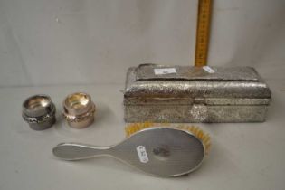 Mixed Lot: Silver backed dressing table brush, hinged jewellery box and a pair of plated candle